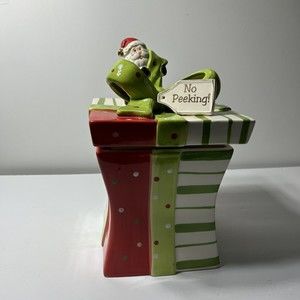 Santa Gift Box Cookie Jar by Cracker Barrel "No Peeking" Christmas